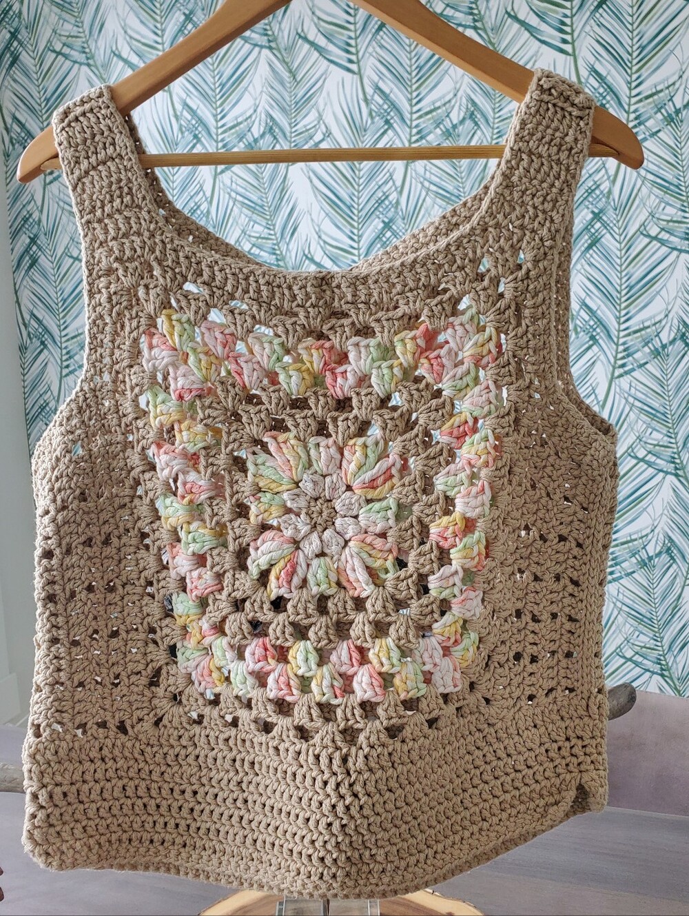 Granny Square- Pretty Handmade Crochet Tank, Soft Sz. XL Cotton Candy/Tan